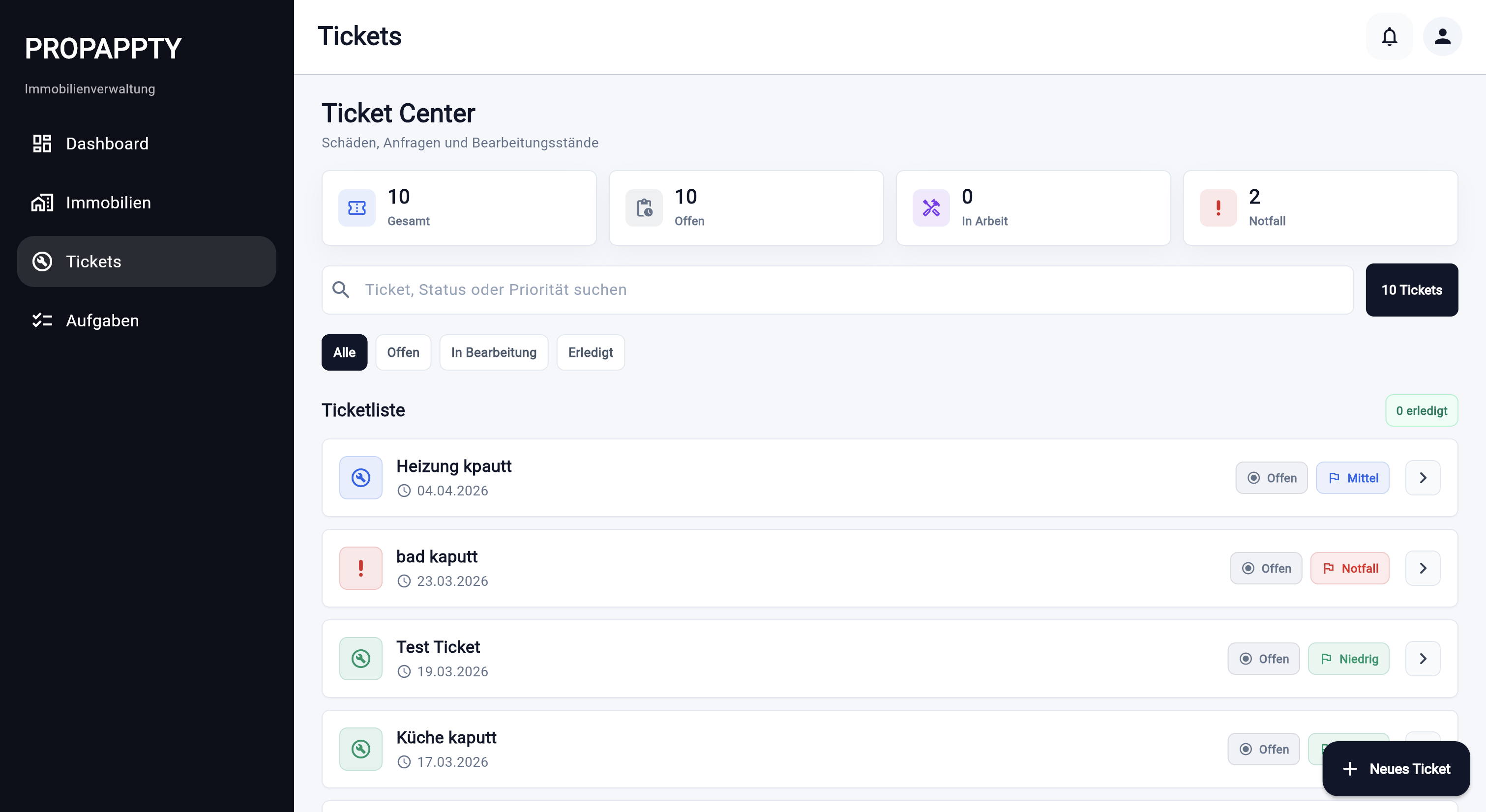 PROPAPPTY Ticket Center auf Desktop